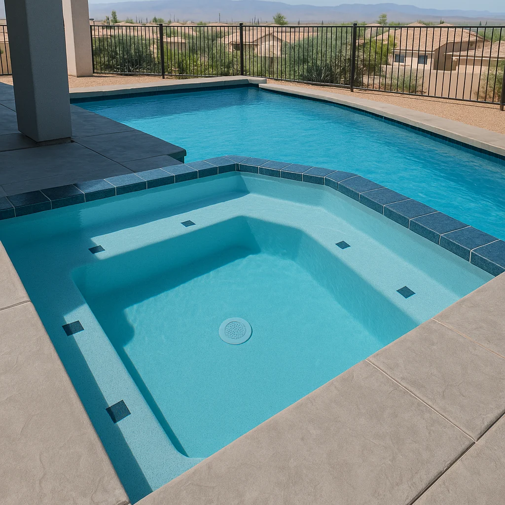 A beautifully designed in-ground pool and raised spa combo in a Lake Havasu backyard, showcasing clean tile work, smooth plaster finish, and professional craftsmanship ideal for the desert climate.